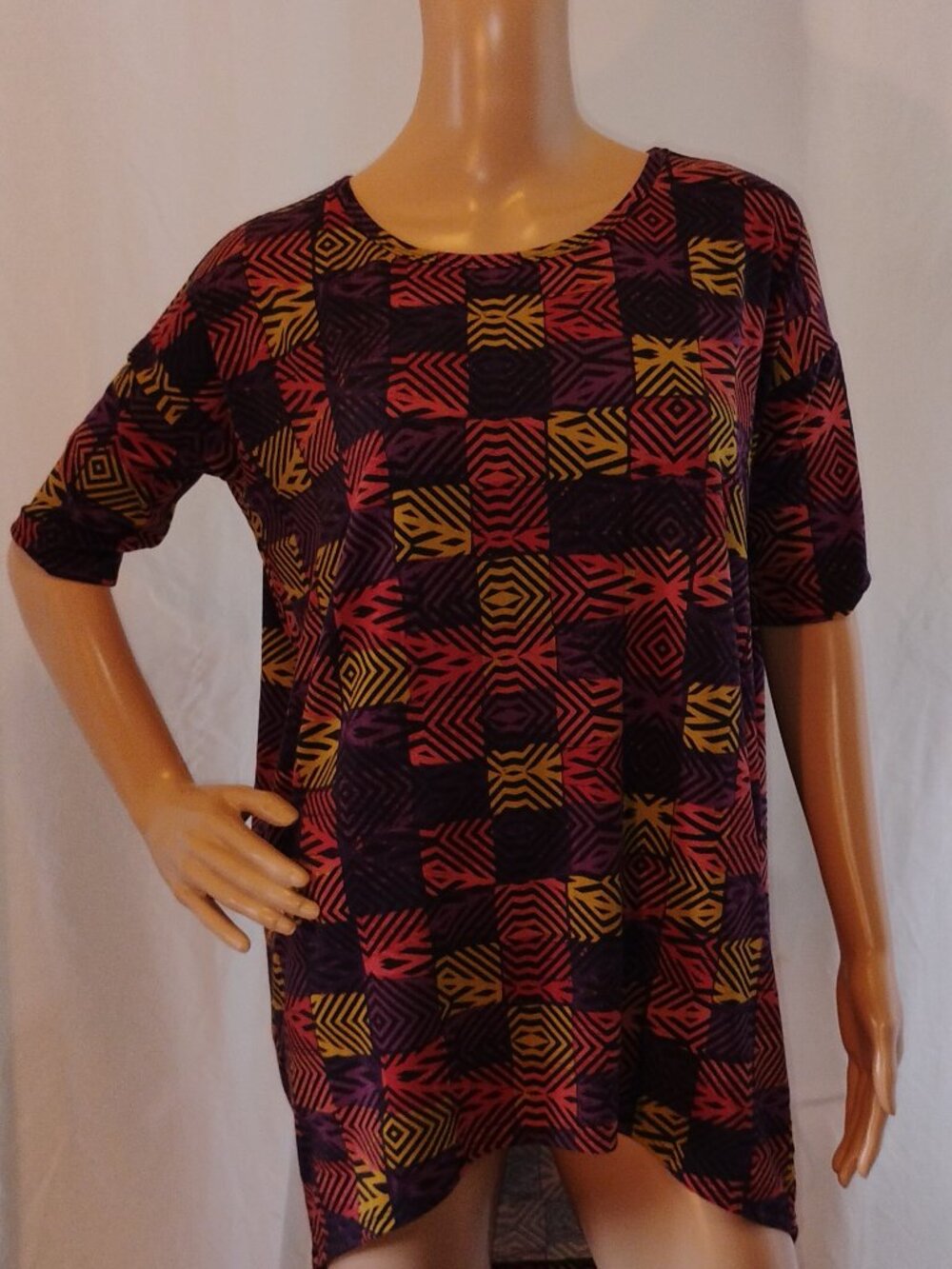 LuLaRoe | Irma Tunic | XXS | Purple Orange & Yellow Geometric Print | Like New